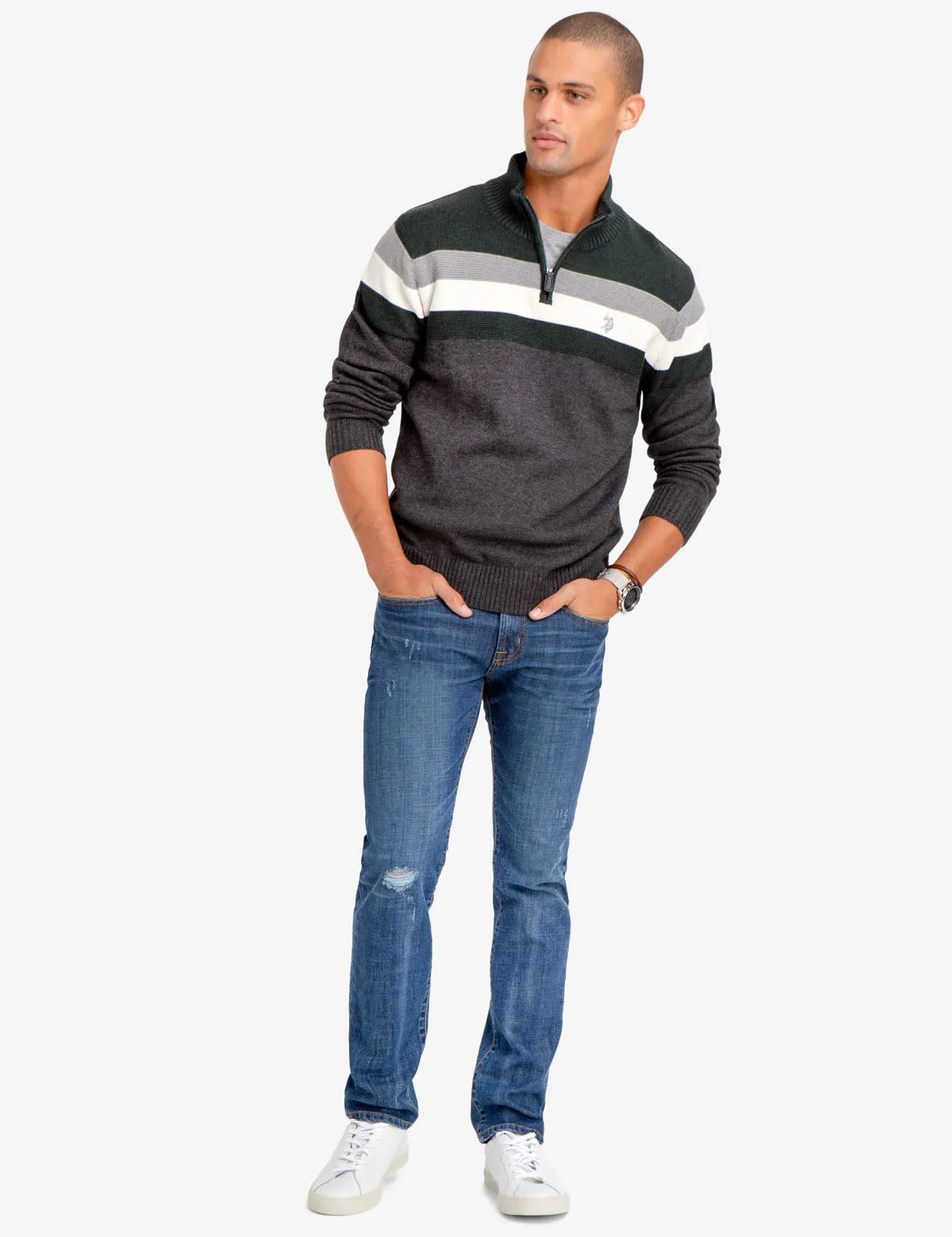1/4 ZIP STRIPED SWEATER