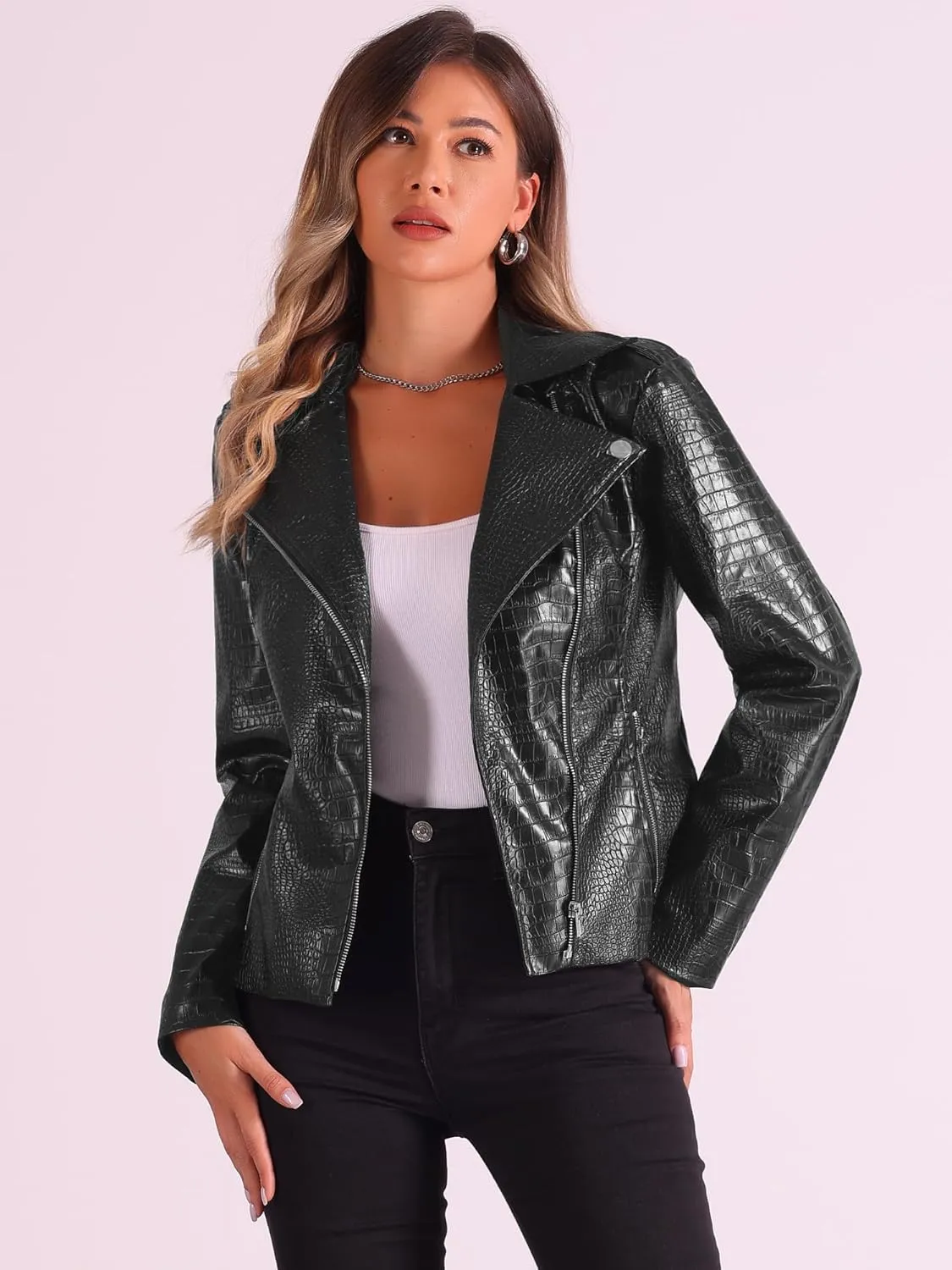 Allegra K Classic Faux Leather Moto Jacket for Women's Zip Up PU Biker Moto Coats