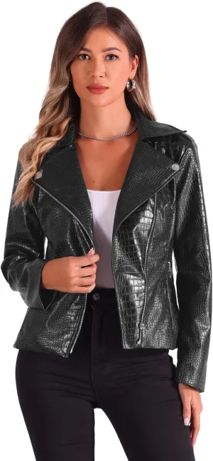 Allegra K Classic Faux Leather Moto Jacket for Women's Zip Up PU Biker Moto Coats