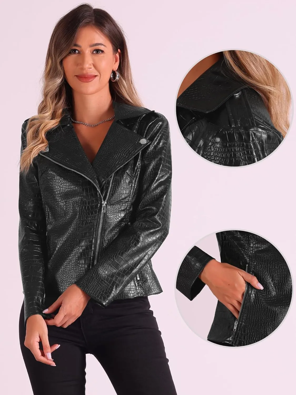 Allegra K Classic Faux Leather Moto Jacket for Women's Zip Up PU Biker Moto Coats
