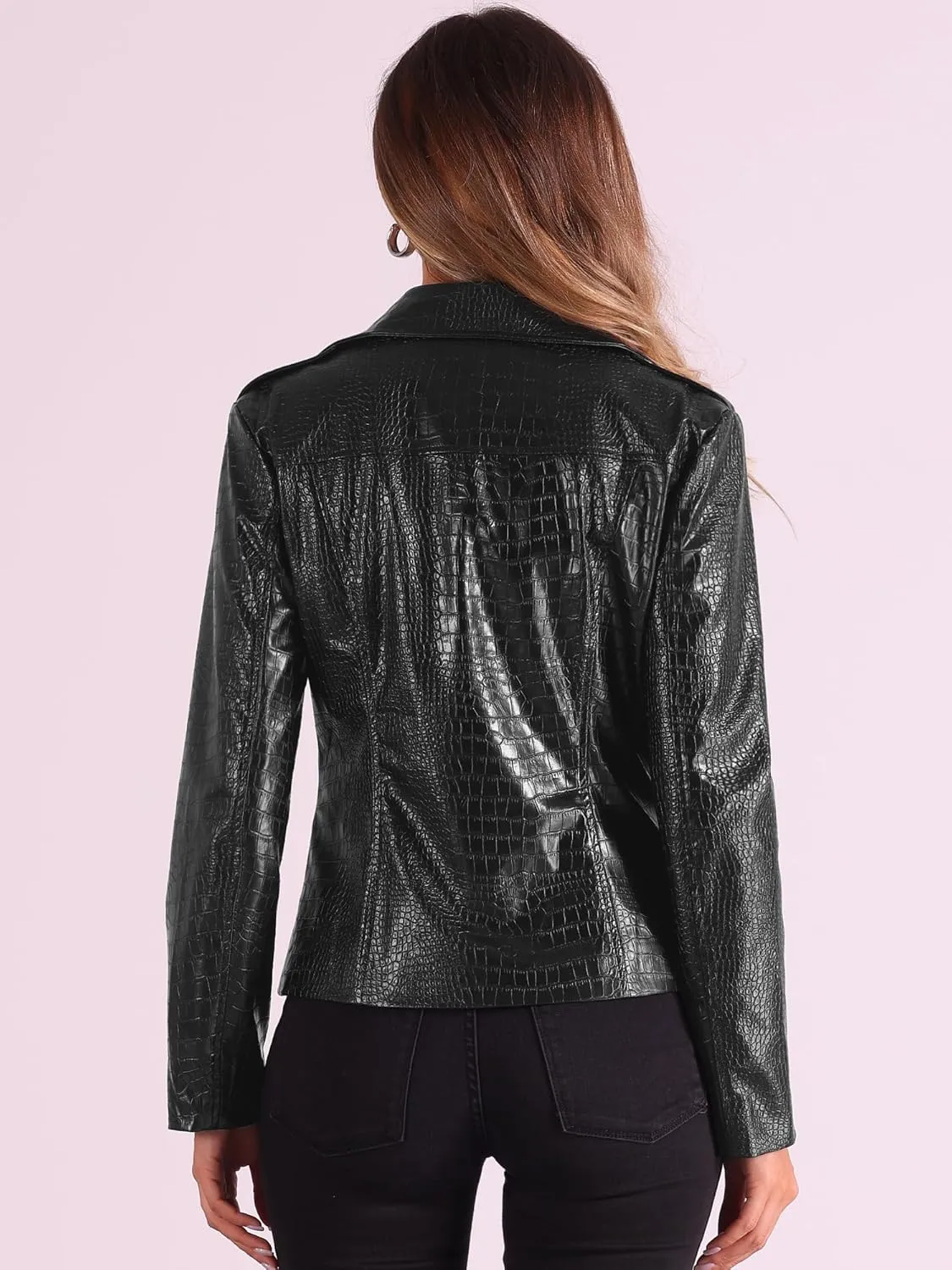 Allegra K Classic Faux Leather Moto Jacket for Women's Zip Up PU Biker Moto Coats