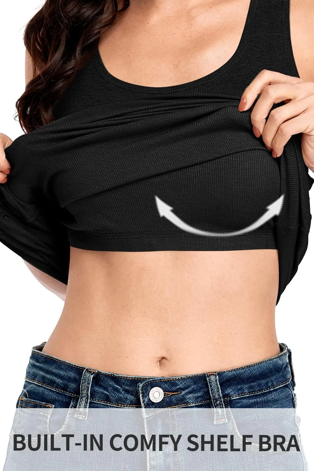 ALove Womens Extra Long Tank Tops with Shelf Bra Ribbed Camisoles Undershirts