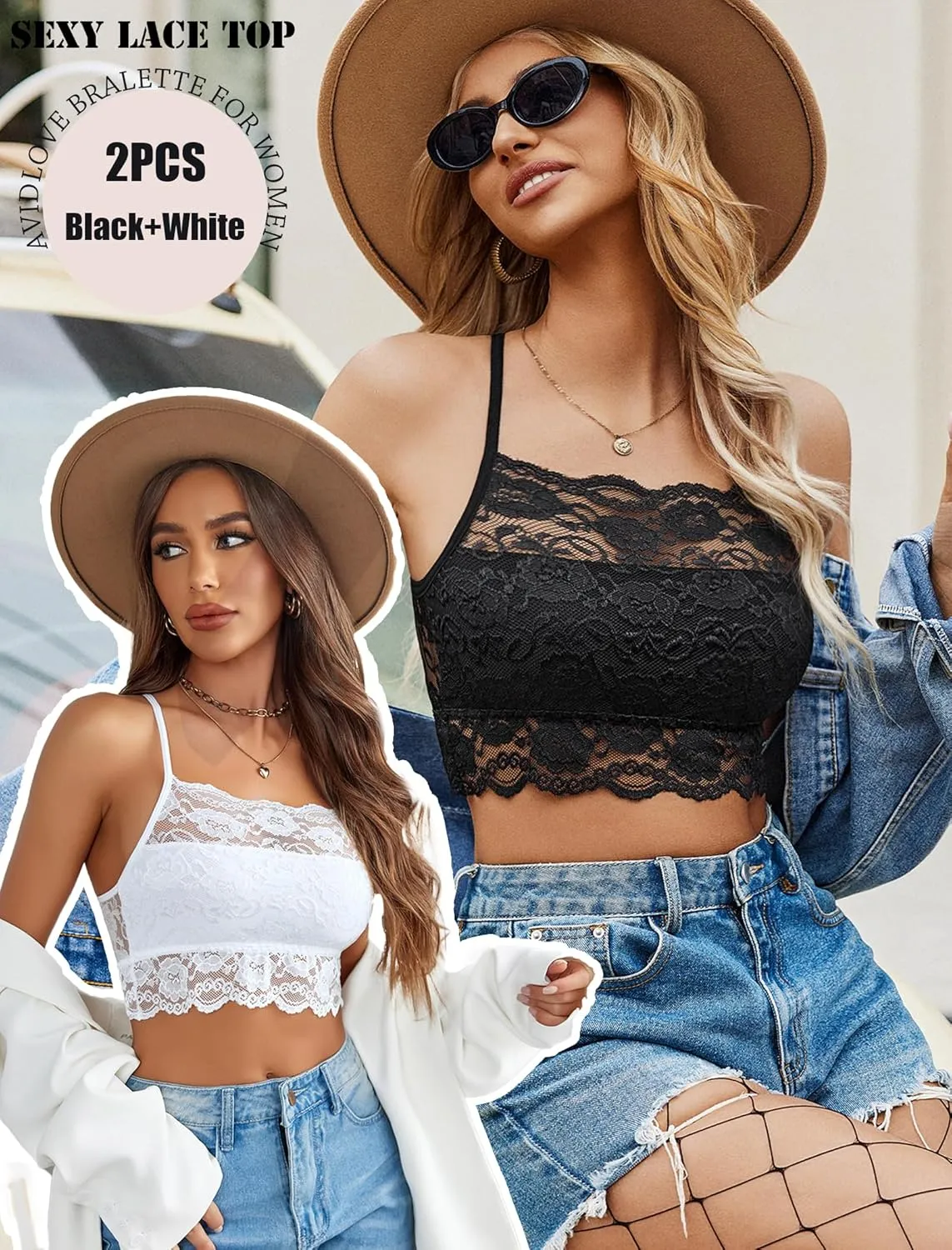 Avidlove 2Pcs Bralettes Wireless Lace Camisoles Racerback Double-Layered Y2K Crop Top