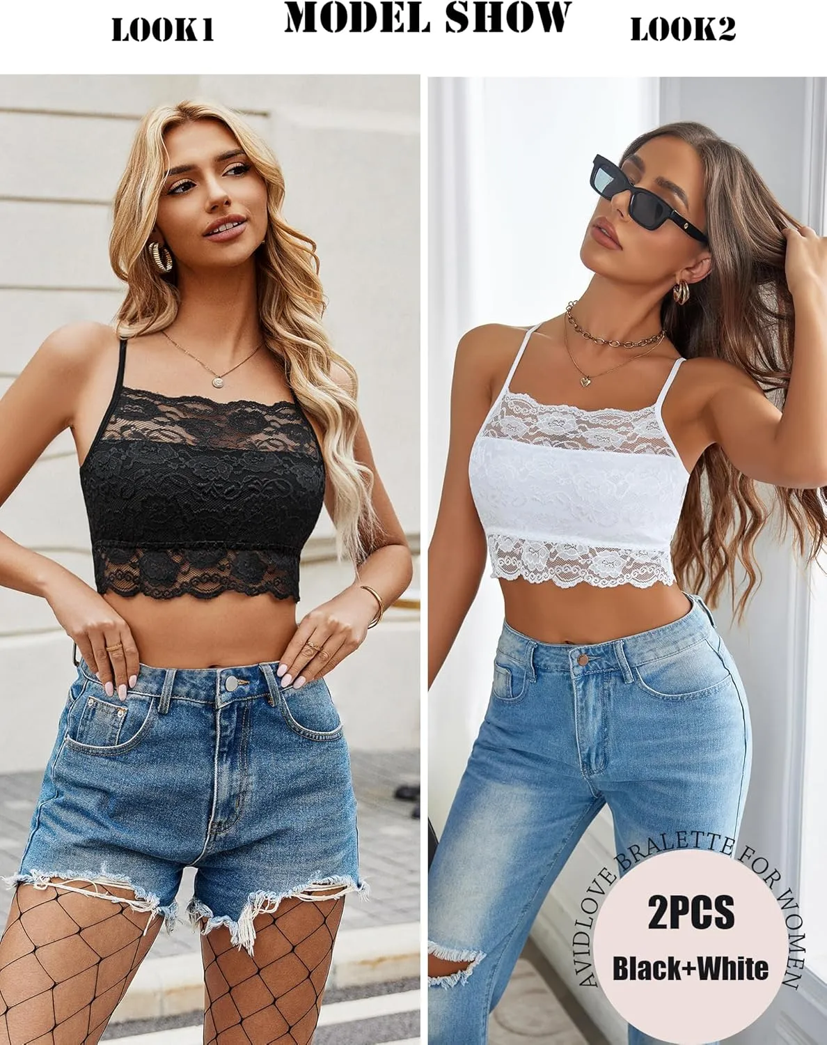 Avidlove 2Pcs Bralettes Wireless Lace Camisoles Racerback Double-Layered Y2K Crop Top
