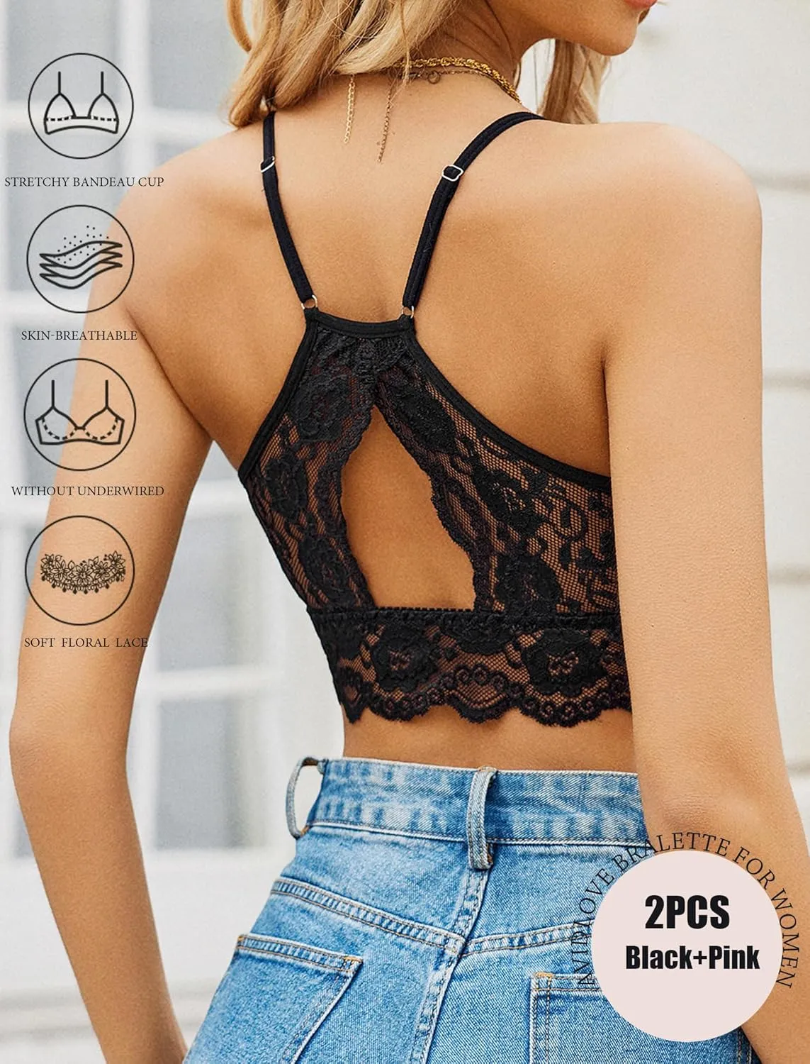 Avidlove 2Pcs Bralettes Wireless Lace Camisoles Racerback Double-Layered Y2K Crop Top
