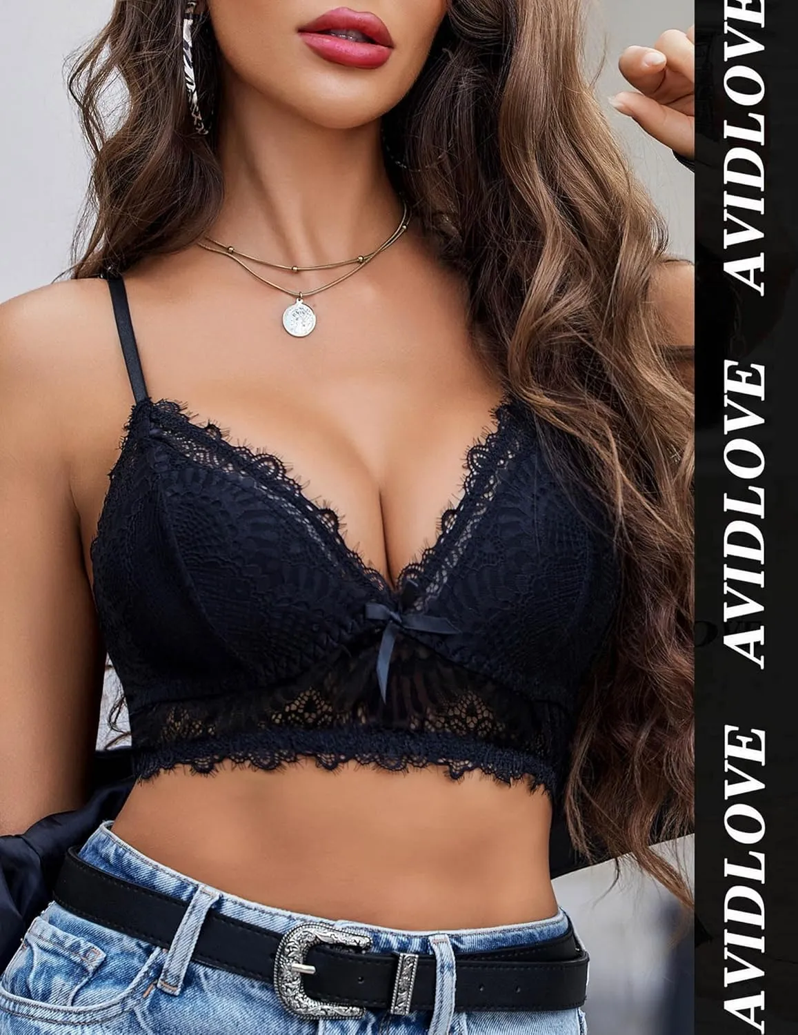 Avidlove Bralette Wireless Lace Camisole V-Neck Double-Layered Y2K Crop Top