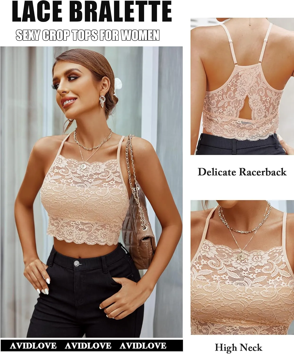 Avidlove Lace Bralette for Women High Neck Camisoles Racerback Double-Layered Crop Top