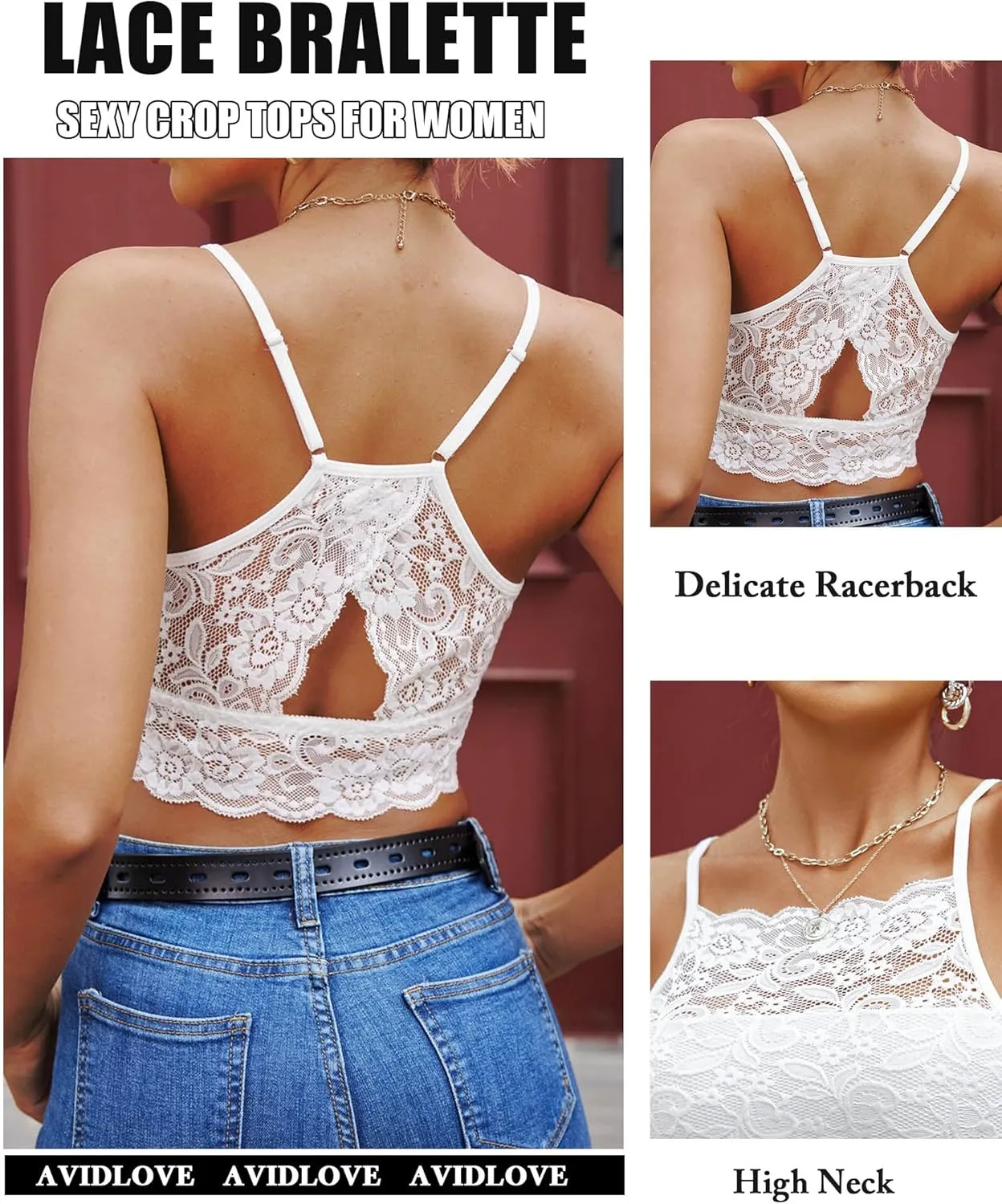 Avidlove Lace Bralette for Women High Neck Camisoles Racerback Double-Layered Crop Top