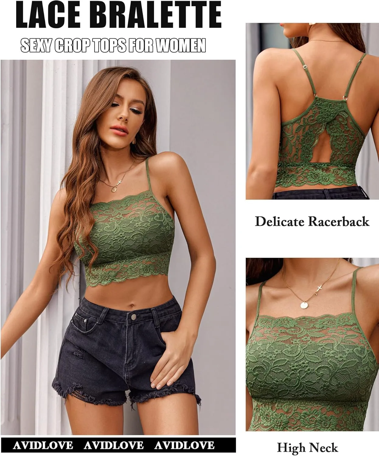 Avidlove Lace Bralette for Women High Neck Camisoles Racerback Double-Layered Crop Top
