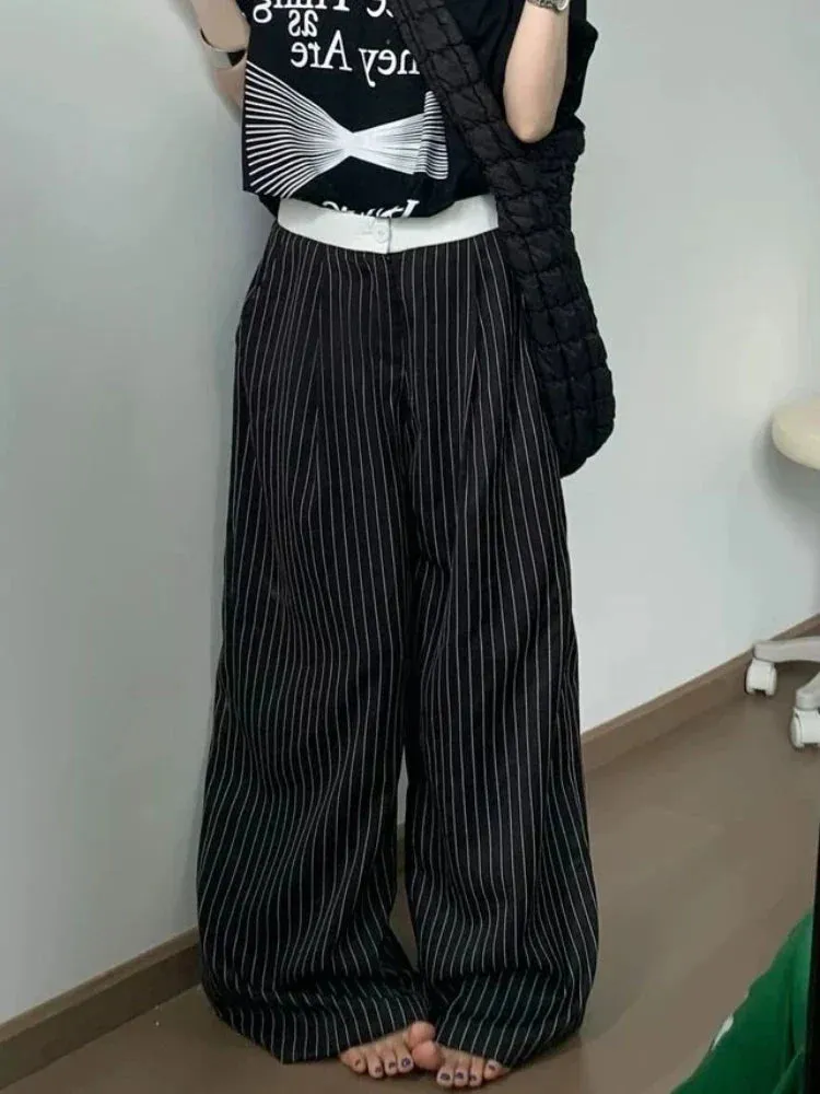 Back To School Joskaa Black Stripe Tailored Trousers Women Y2k Korean Style Fashion Baggy Wide Leg Suit Pants Summer Harajuku Office Slacks