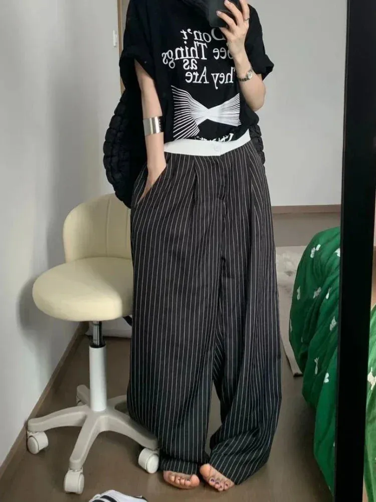 Back To School Joskaa Black Stripe Tailored Trousers Women Y2k Korean Style Fashion Baggy Wide Leg Suit Pants Summer Harajuku Office Slacks