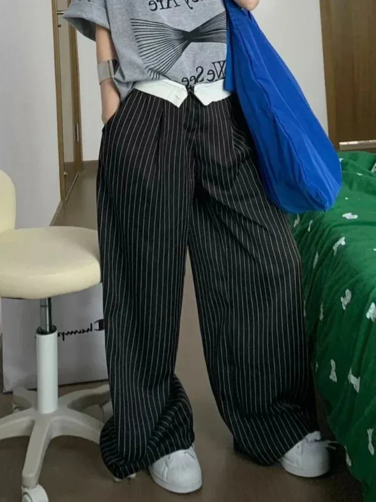 Back To School Joskaa Black Stripe Tailored Trousers Women Y2k Korean Style Fashion Baggy Wide Leg Suit Pants Summer Harajuku Office Slacks