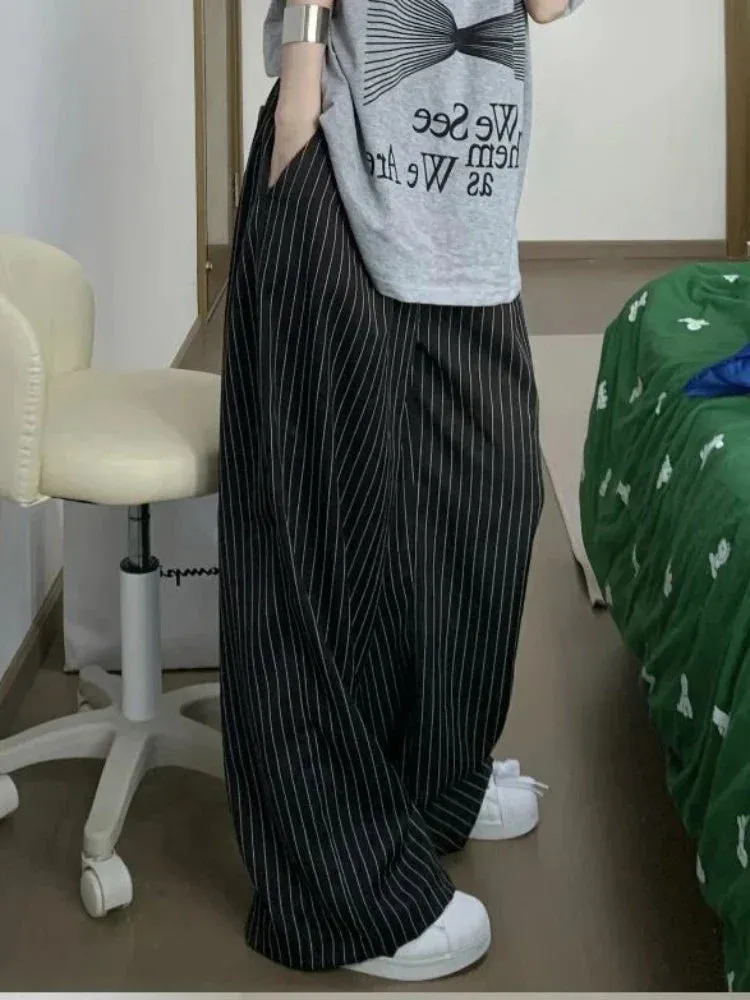 Back To School Joskaa Black Stripe Tailored Trousers Women Y2k Korean Style Fashion Baggy Wide Leg Suit Pants Summer Harajuku Office Slacks