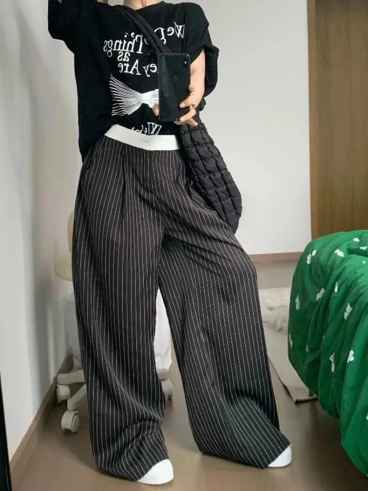 Back To School Joskaa Black Stripe Tailored Trousers Women Y2k Korean Style Fashion Baggy Wide Leg Suit Pants Summer Harajuku Office Slacks