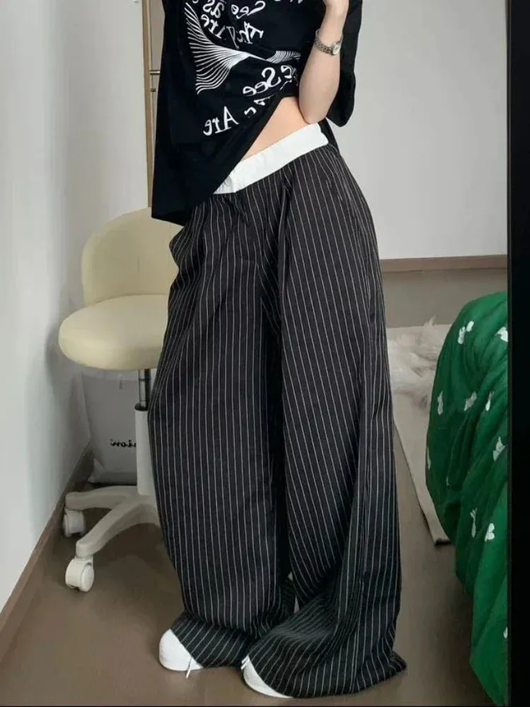 Back To School Joskaa Black Stripe Tailored Trousers Women Y2k Korean Style Fashion Baggy Wide Leg Suit Pants Summer Harajuku Office Slacks