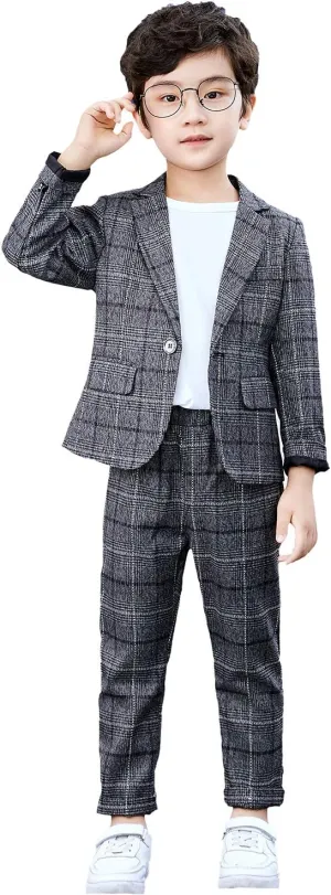 Boys Plaid Blazer Pants Set Casual Suit Classic Kids 2 Piece Sport Coats Outfits
