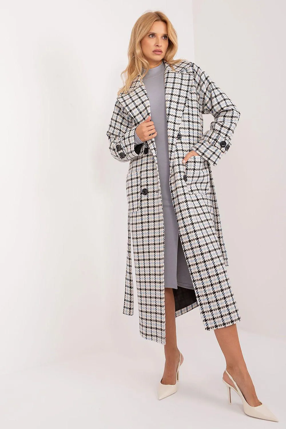 Checkered Cotton-Nylon Blend Long Coat