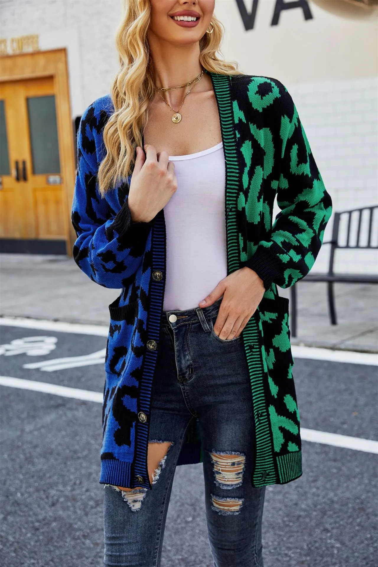Classic Slouchy Women's Leopard Splicing Mid-length Sweaters