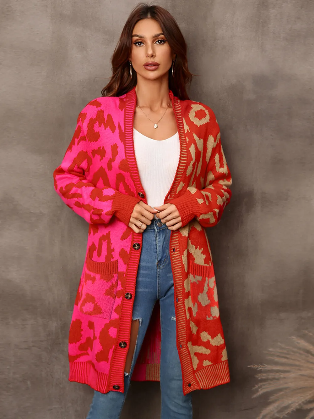 Classic Slouchy Women's Leopard Splicing Mid-length Sweaters
