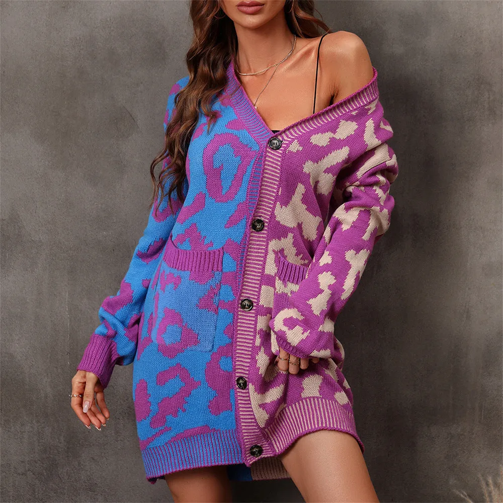 Classic Slouchy Women's Leopard Splicing Mid-length Sweaters