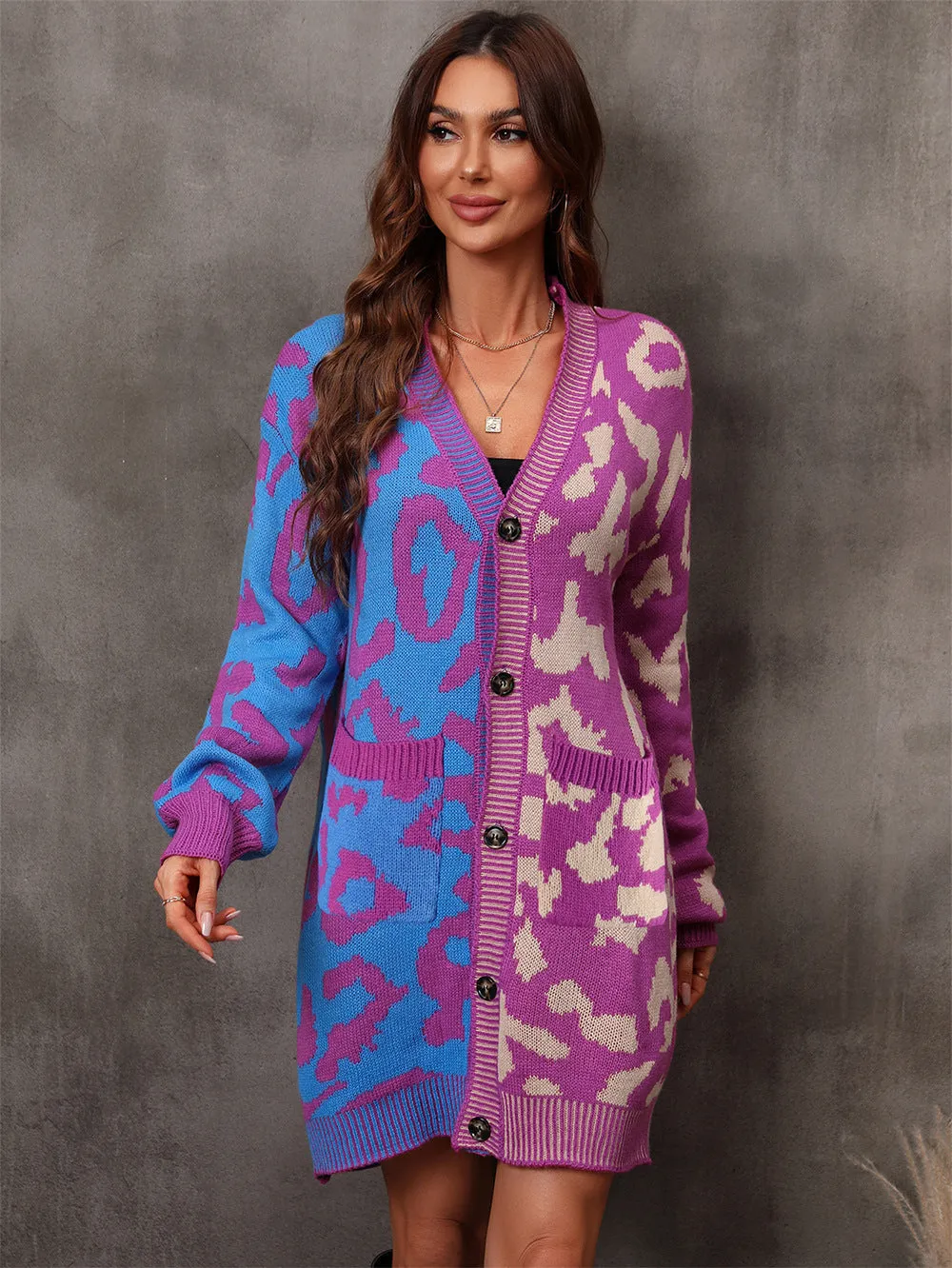 Classic Slouchy Women's Leopard Splicing Mid-length Sweaters