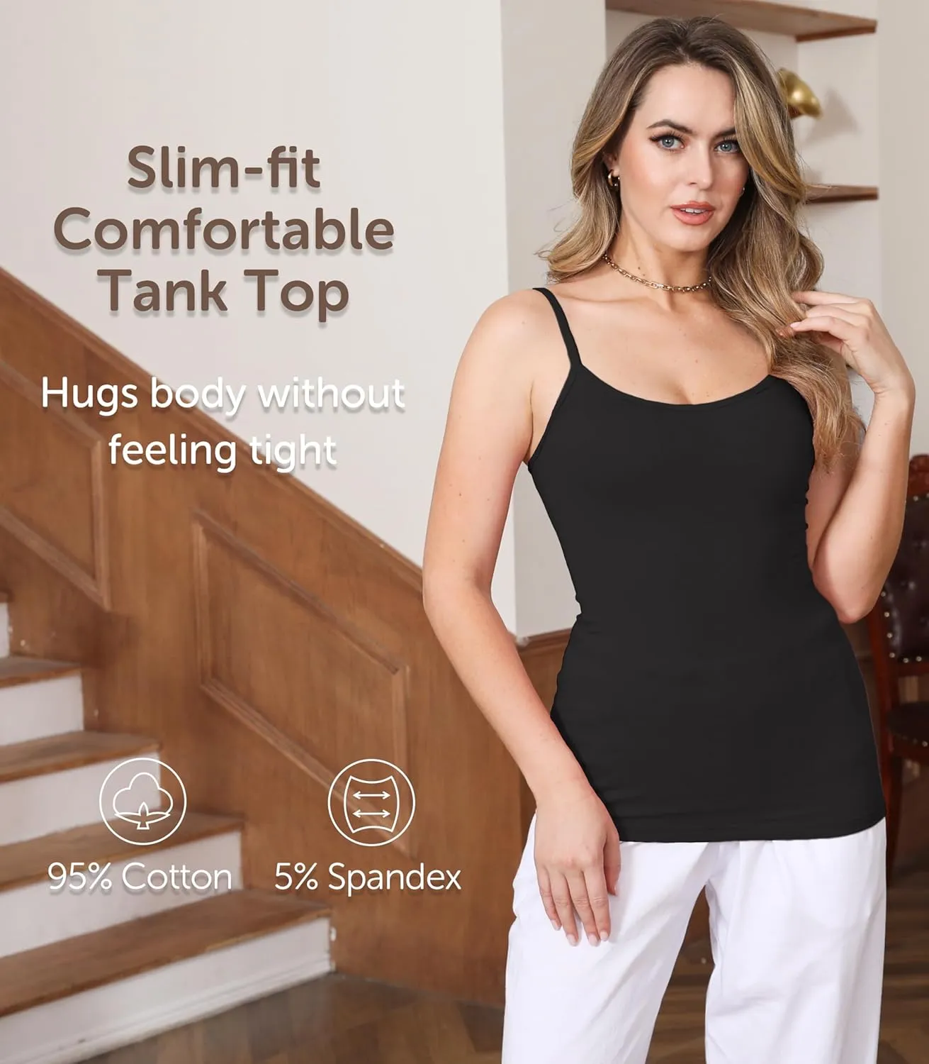 Comfneat Women's 4-Pack Slim-Fit Camisoles Cotton Adjustable Spaghetti Strap Top Underwear
