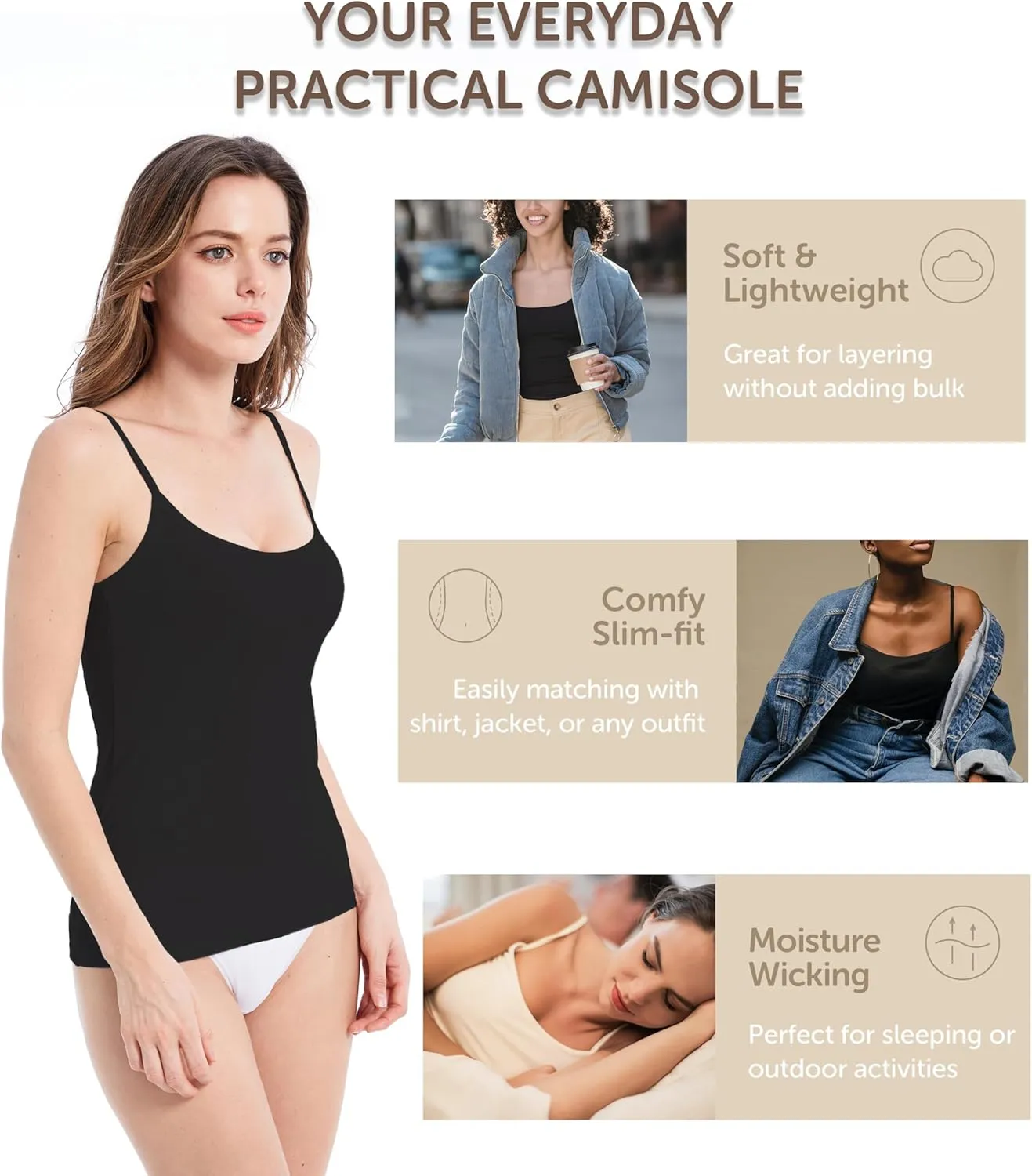 Comfneat Women's 4-Pack Slim-Fit Camisoles Cotton Adjustable Spaghetti Strap Top Underwear