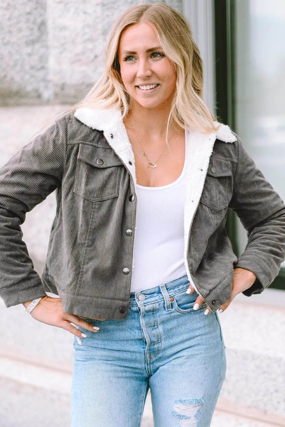 Corduroy Sherpa Snap Button Flap Jacket