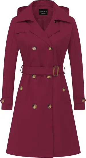 CREATMO US Women's Long Trench Coat Double-Breasted Classic Lapel Overcoat Belted Slim Outerwear Coat with Detachable Hood