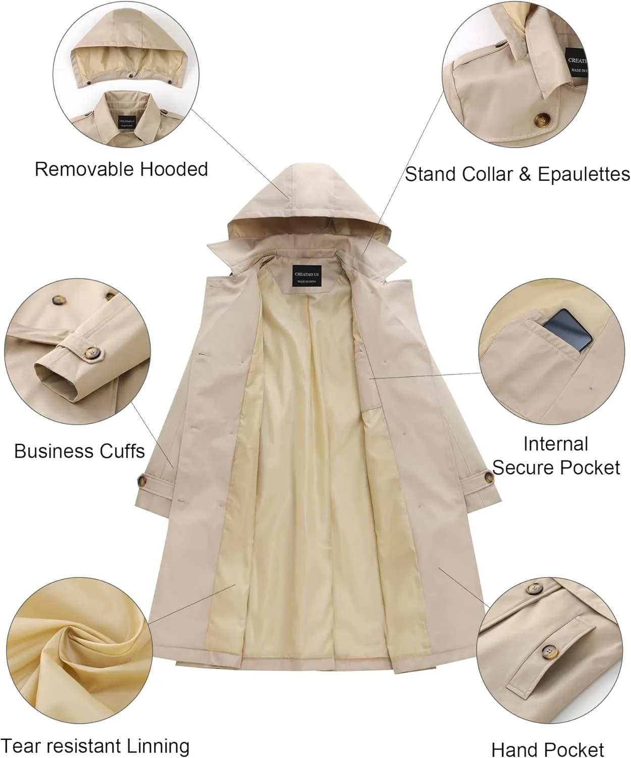 CREATMO US Women's Long Trench Coat Double-Breasted Classic Lapel Overcoat Belted Slim Outerwear Coat with Detachable Hood