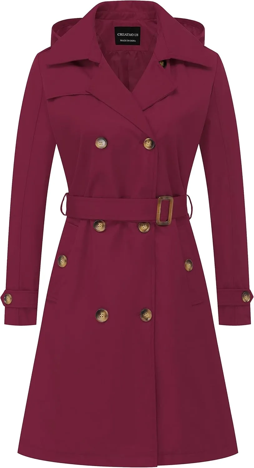 CREATMO US Women's Long Trench Coat Double-Breasted Classic Lapel Overcoat Belted Slim Outerwear Coat with Detachable Hood
