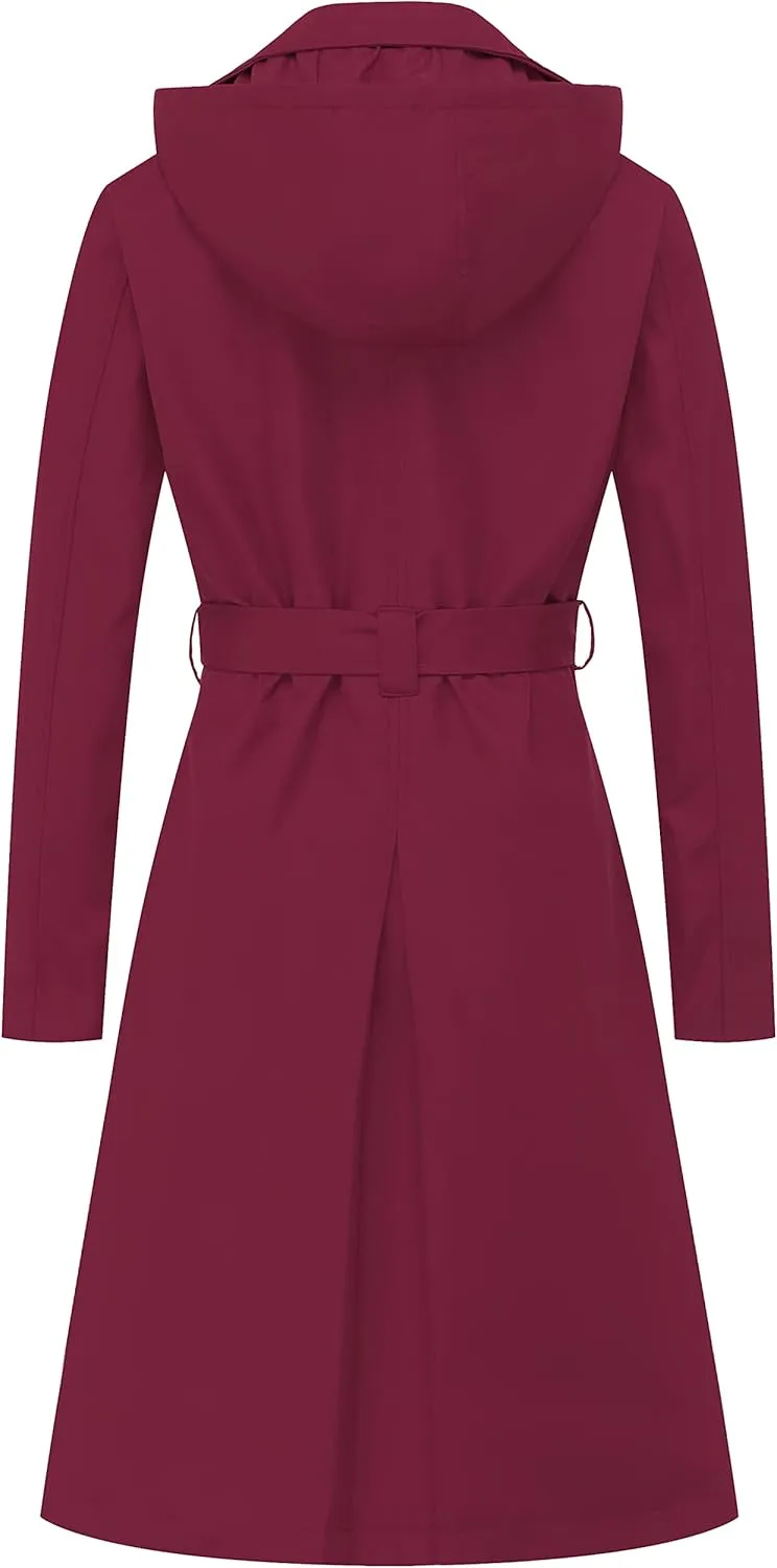 CREATMO US Women's Long Trench Coat Double-Breasted Classic Lapel Overcoat Belted Slim Outerwear Coat with Detachable Hood