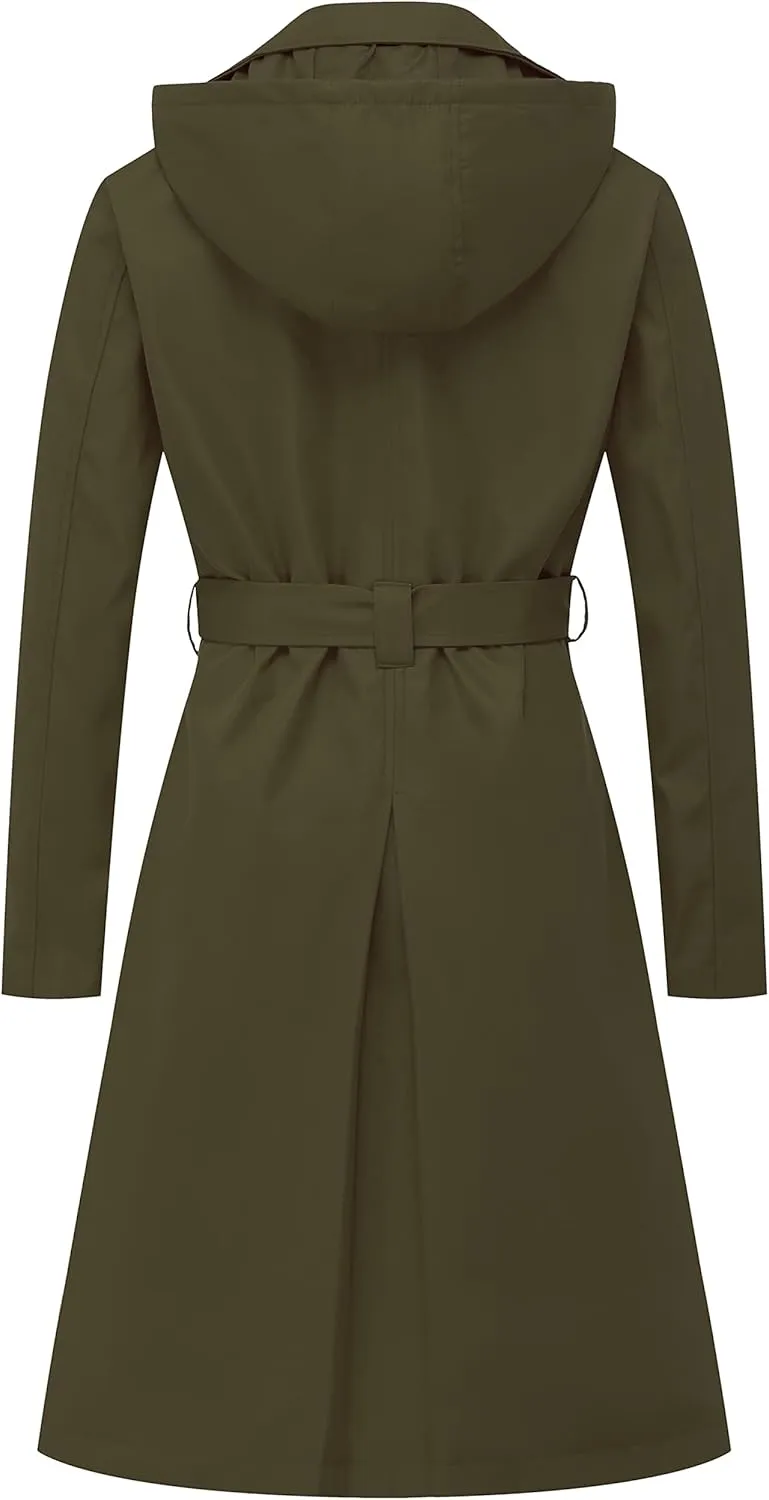 CREATMO US Women's Long Trench Coat Double-Breasted Classic Lapel Overcoat Belted Slim Outerwear Coat with Detachable Hood