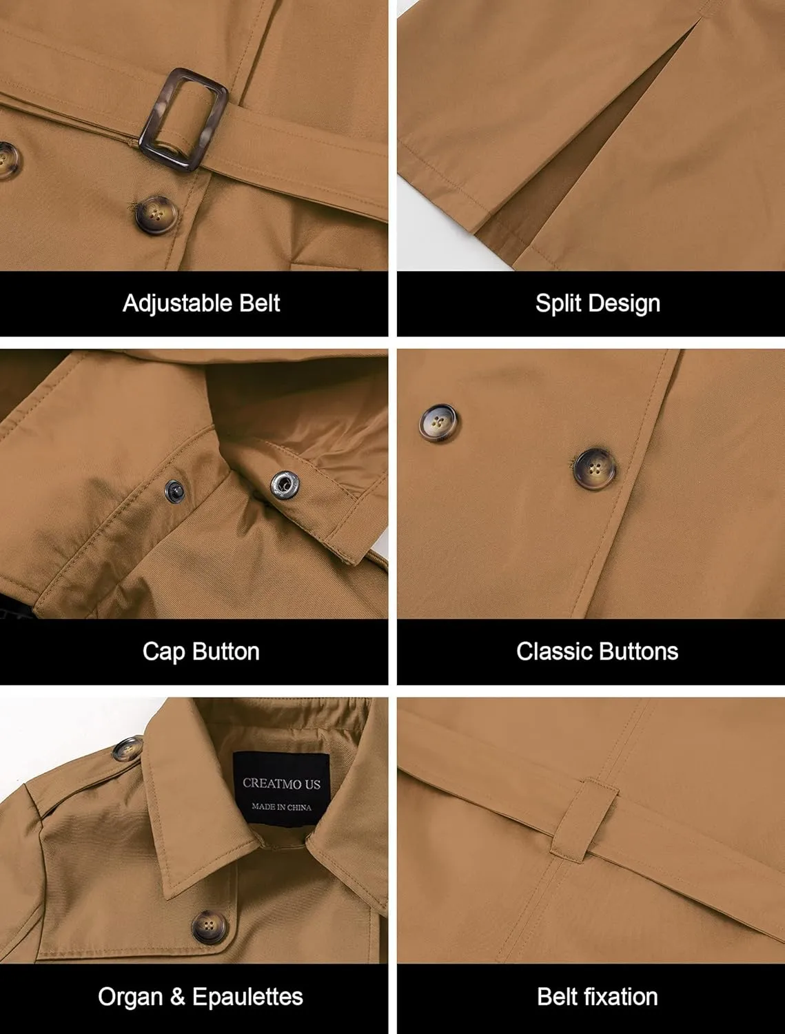 CREATMO US Women's Plus Size Trench Coat Double-Breasted Classic Lapel Overcoat Belted Outerwear Coat with Detachable Hood