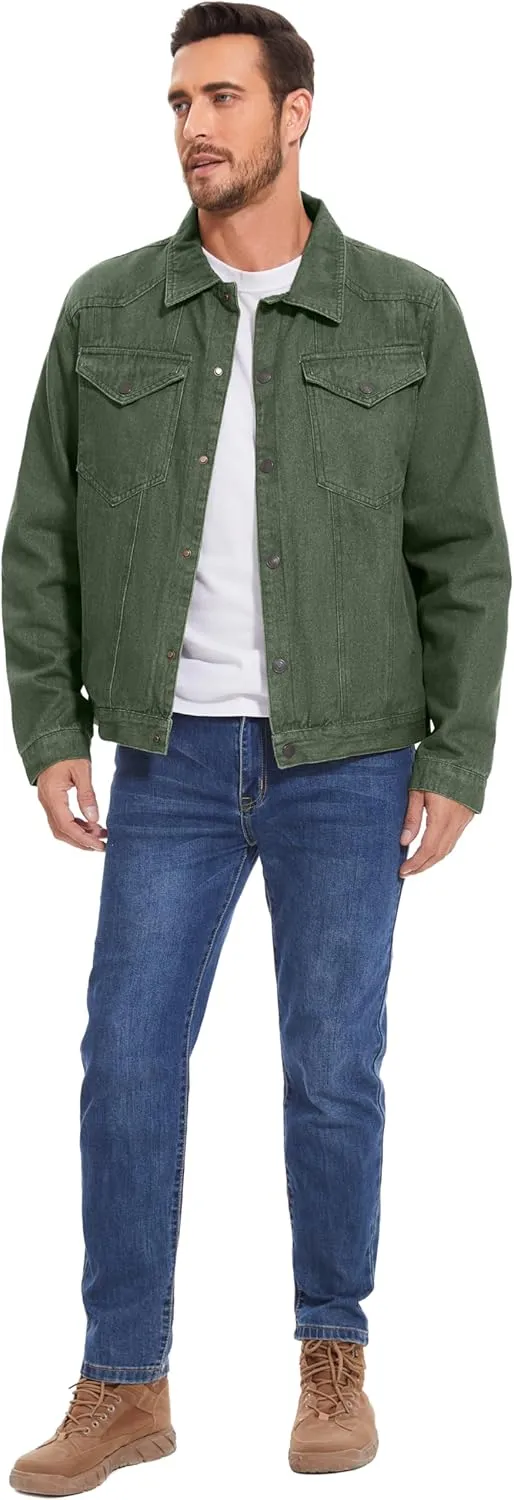 Flygo Mens Flannel Lined Denim Jacket Snap Cowboy Cut Western Classic Slim Fit Vintage Heavy Duty Jacket Trucker Coats