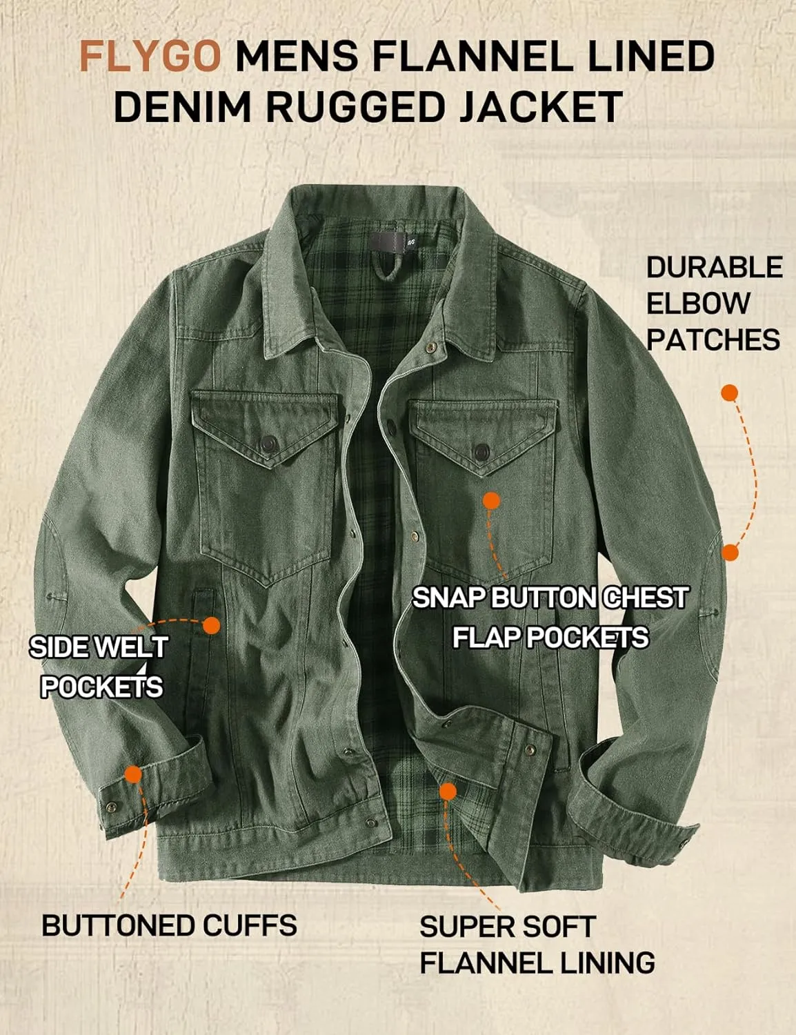 Flygo Mens Flannel Lined Denim Jacket Snap Cowboy Cut Western Classic Slim Fit Vintage Heavy Duty Jacket Trucker Coats