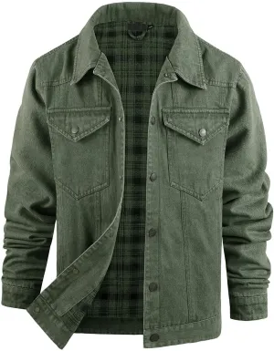 Flygo Mens Flannel Lined Denim Jacket Snap Cowboy Cut Western Classic Slim Fit Vintage Heavy Duty Jacket Trucker Coats