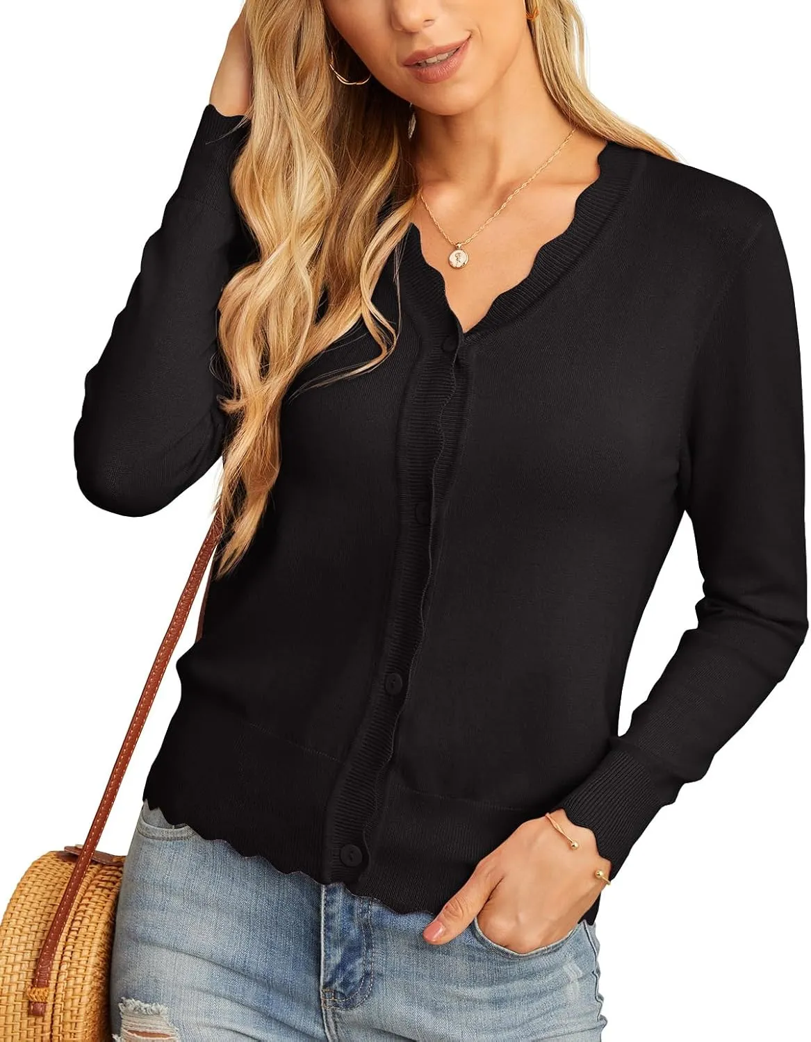 GRECERELLE Women's Long Sleeve V-Neck Button Down Cardigan Knit Shrugs Sweater