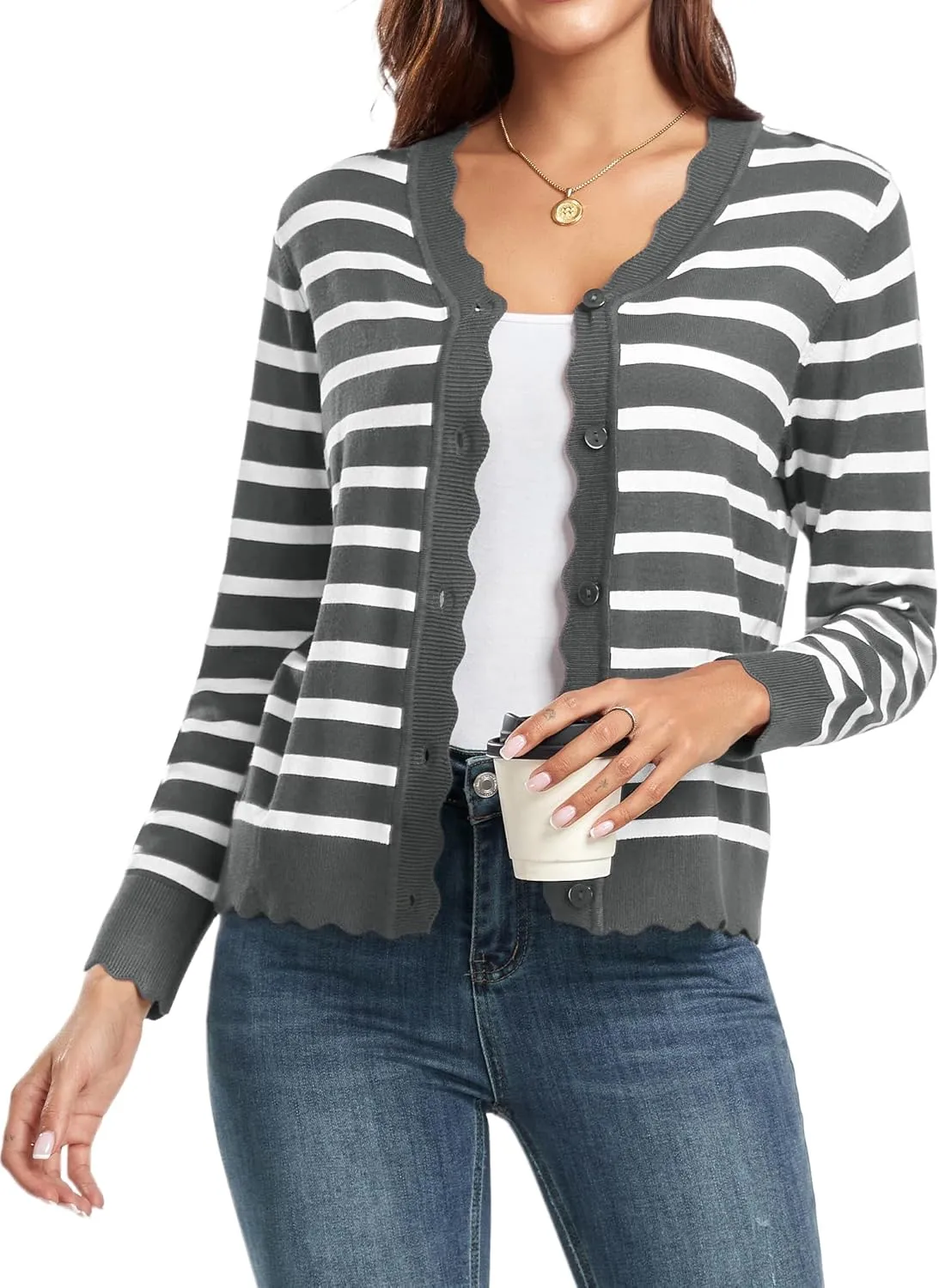 GRECERELLE Women's Long Sleeve V-Neck Button Down Cardigan Knit Shrugs Sweater
