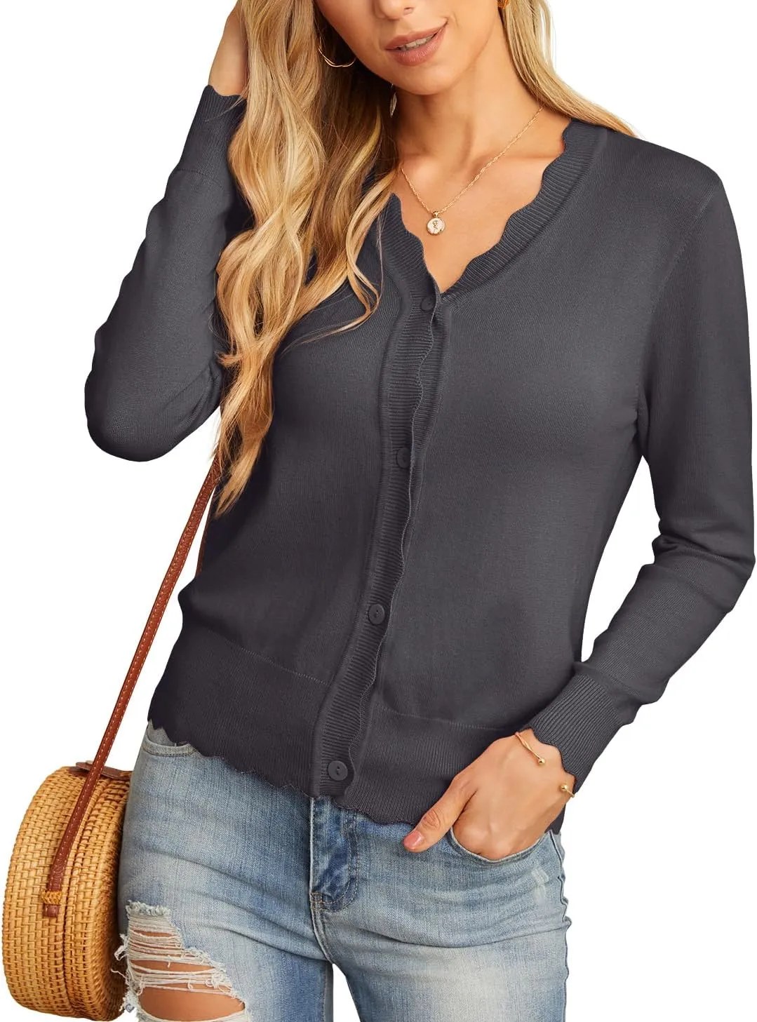 GRECERELLE Women's Long Sleeve V-Neck Button Down Cardigan Knit Shrugs Sweater