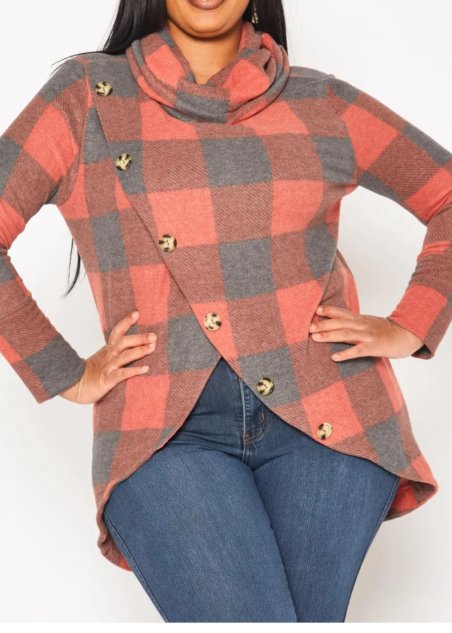 Hi Curvy Plus Size Women Plaid Print Funnel Neck Sweater