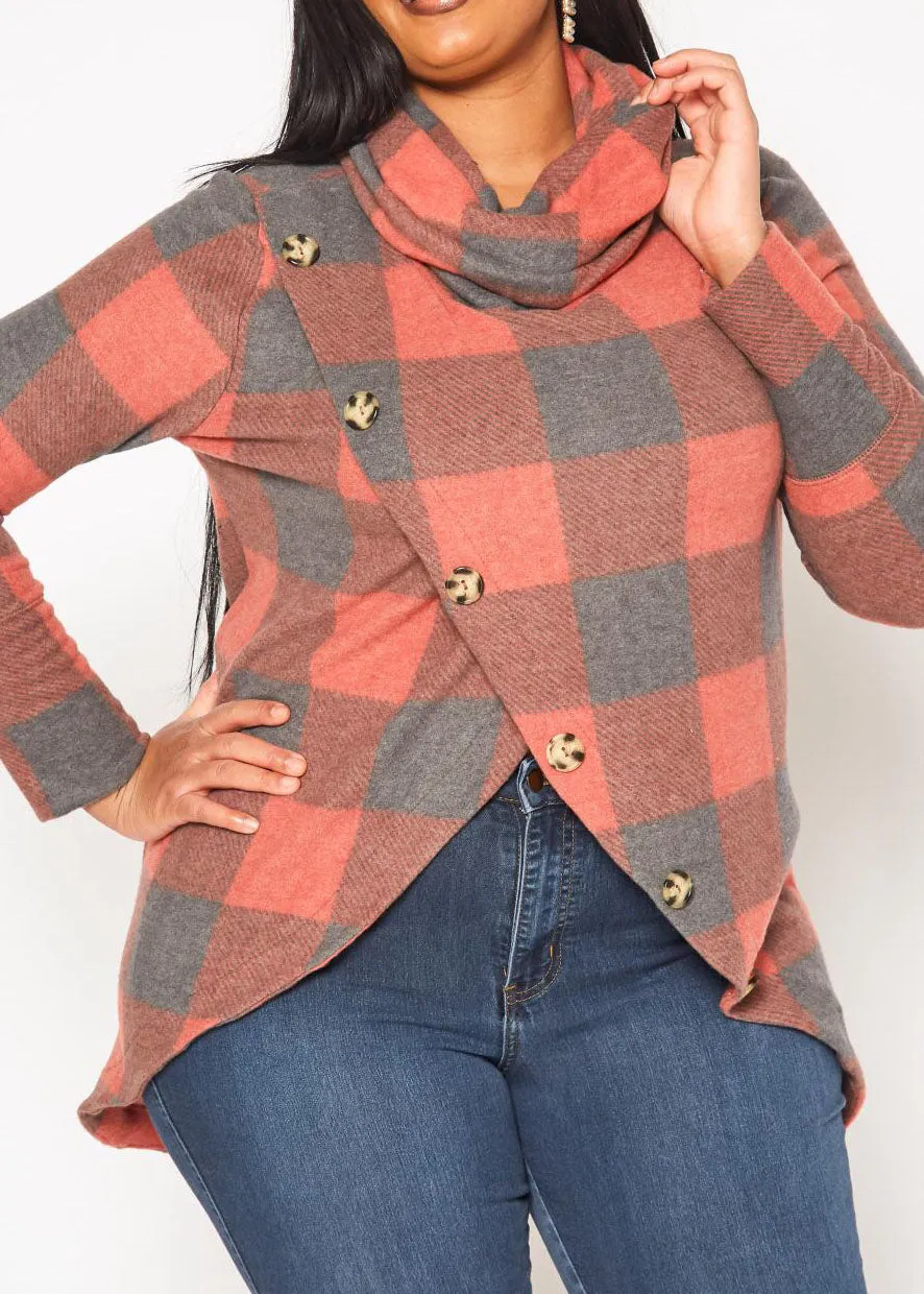 Hi Curvy Plus Size Women Plaid Print Funnel Neck Sweater