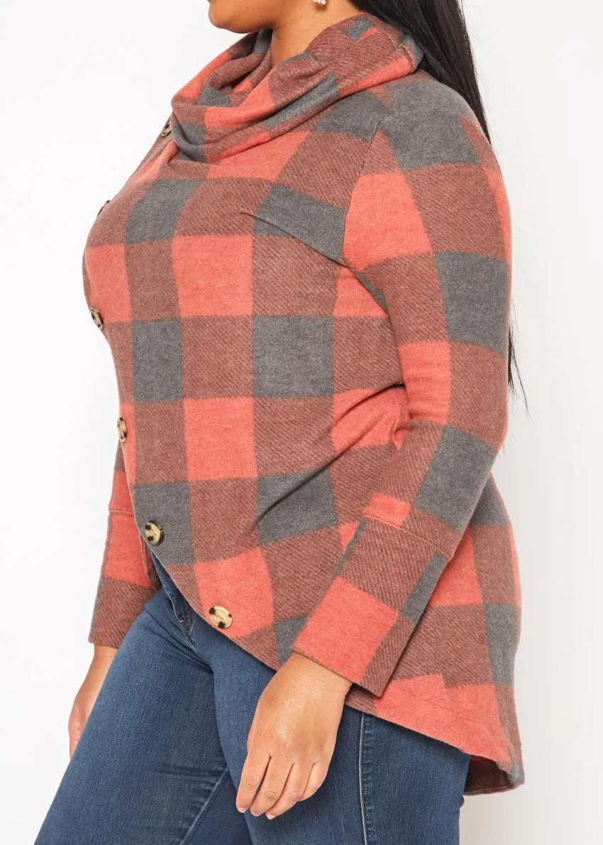 Hi Curvy Plus Size Women Plaid Print Funnel Neck Sweater