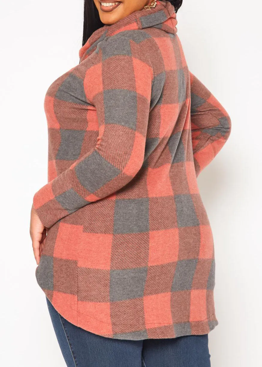 Hi Curvy Plus Size Women Plaid Print Funnel Neck Sweater