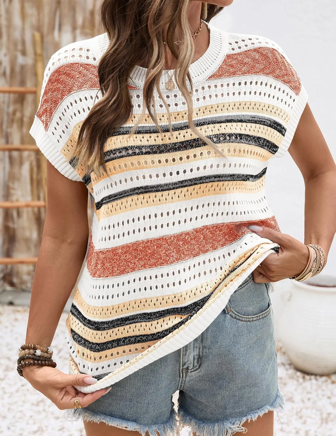 Ivicoer Womens Summer Tops Crochet Cap Sleeve Sweater Hollow Out Beach Vacation Clothes Trendy 2025