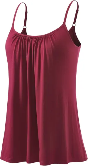 Kniffi Womens Camisole Tank Top Built in Bra Cami Pleated Loose Fit Camisole Adjustable Strap S-XXXXL