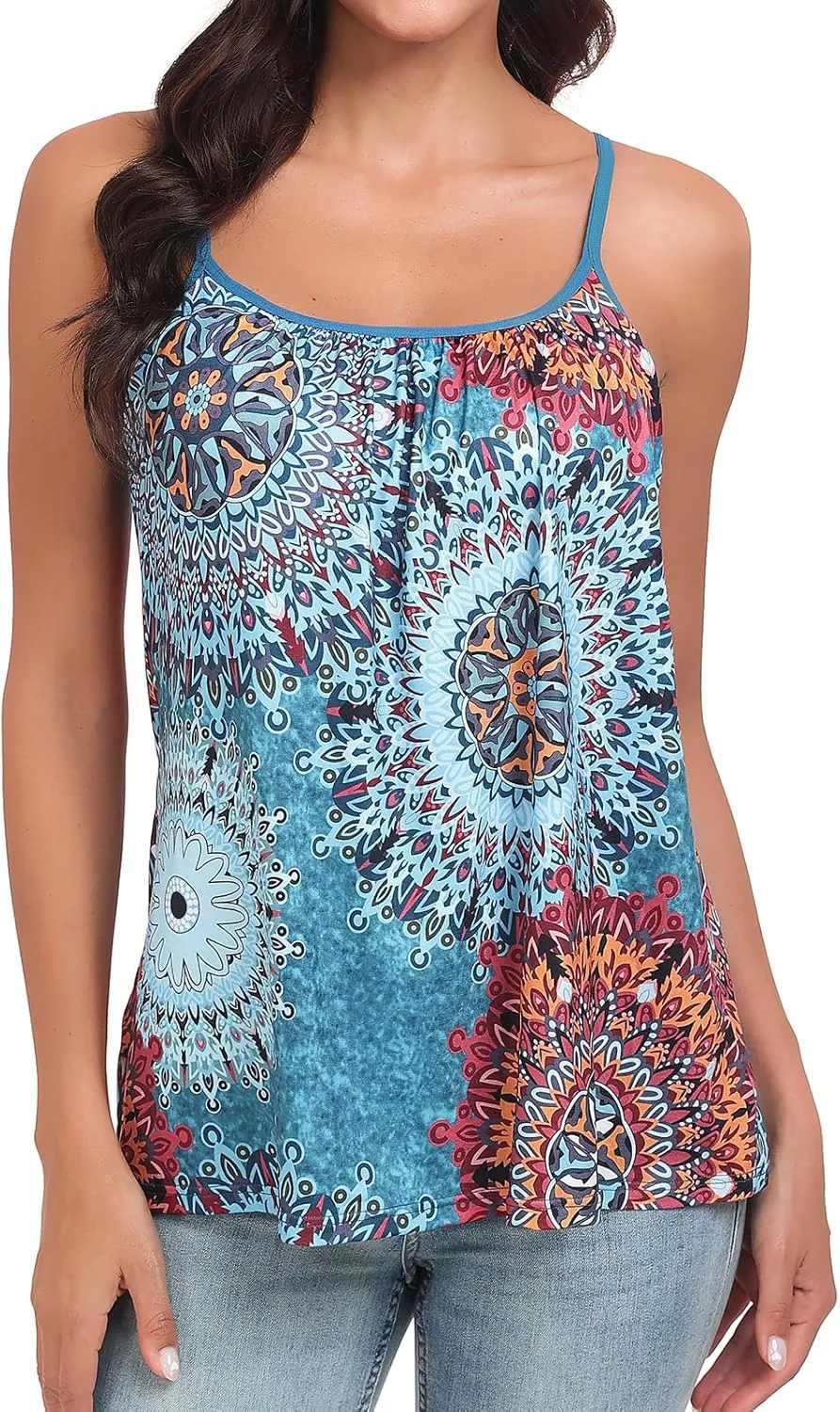 Kniffi Womens Camisole Tank Top Built in Bra Cami Pleated Loose Fit Camisole Adjustable Strap S-XXXXL