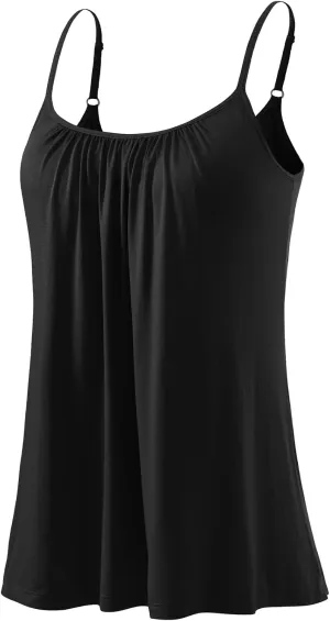Kniffi Womens Camisole Tank Top Built in Bra Cami Pleated Loose Fit Camisole Adjustable Strap S-XXXXL