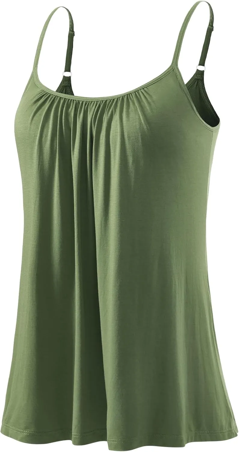 Kniffi Womens Camisole Tank Top Built in Bra Cami Pleated Loose Fit Camisole Adjustable Strap S-XXXXL