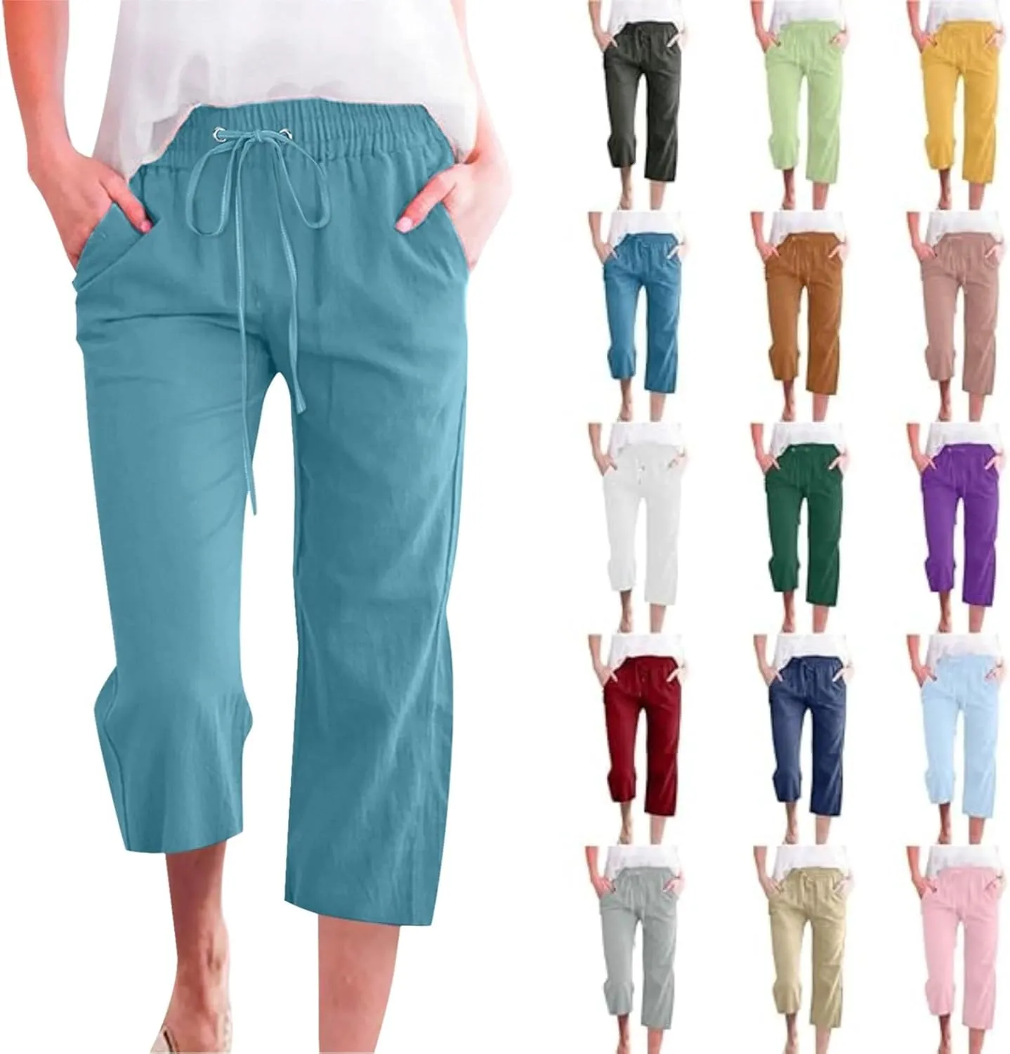 linen capri pants for women,amazon fashion womens clothing 2025 Capris Pants for Women Cotton Linen Casual Summer 2025 Straight Wide Leg Loose Drawstring Elastic Waist Cropped Trouser Sky Blue L